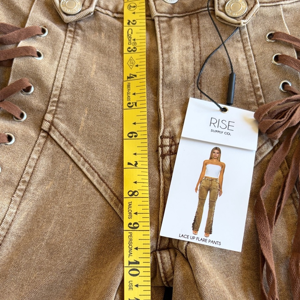 NWT Rise Supply Co Tan Full Side Lace-Up Flare Jeans Y2K Size 1 - Picture 10 of 13